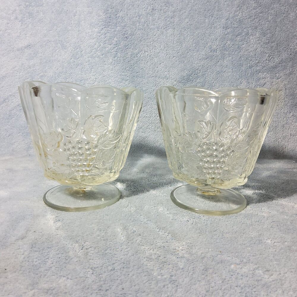 (2)Vintage Clear Pressed Glass Embossed Grape Design Pedestal Compote Candy Bowl